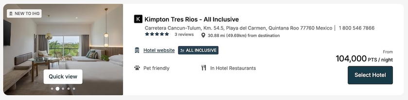 Kimpton Tres Rios in Playa del Carmen award stay priced at 104,000 IHG One Rewards points per night
