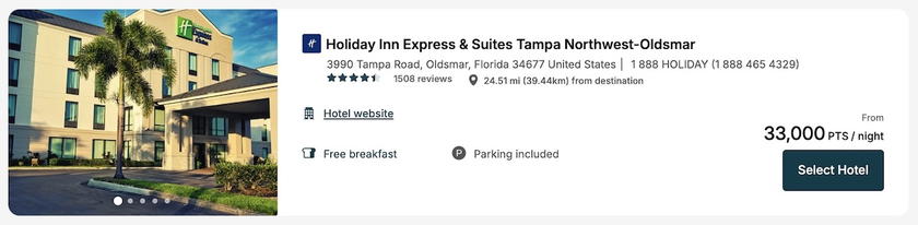 Holiday Inn Express & Suites Tampa award stay priced at 33,000 IHG One Rewards points per night