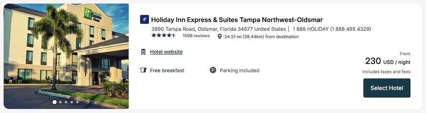 Holiday Inn Express & Suites Tampa cash rate for the same night, $230