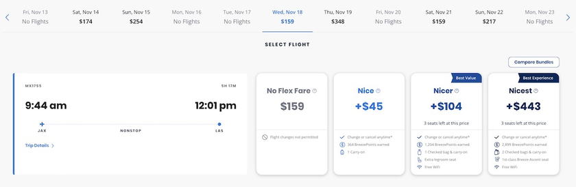 Breeze Airways flight ticket and fare details shown on the Breeze Airways website