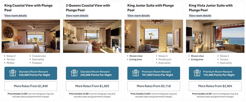 Hilton booking screen showing the points price per night for a standard room at the Waldorf Astoria Los Cabos