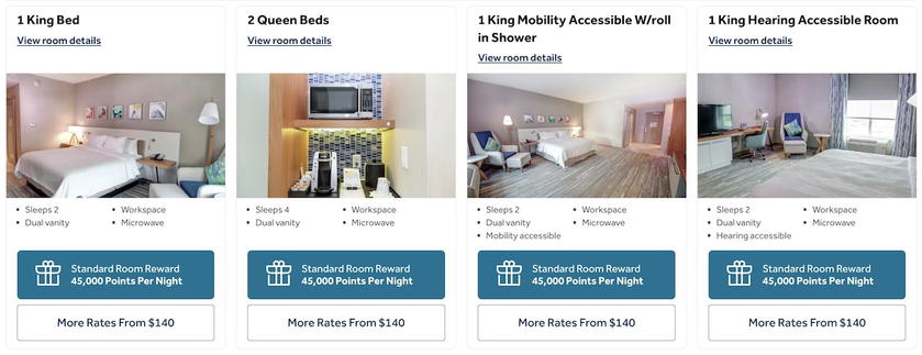 Hilton booking screen showing the points price per night for a room at the Hilton Garden Inn Tampa