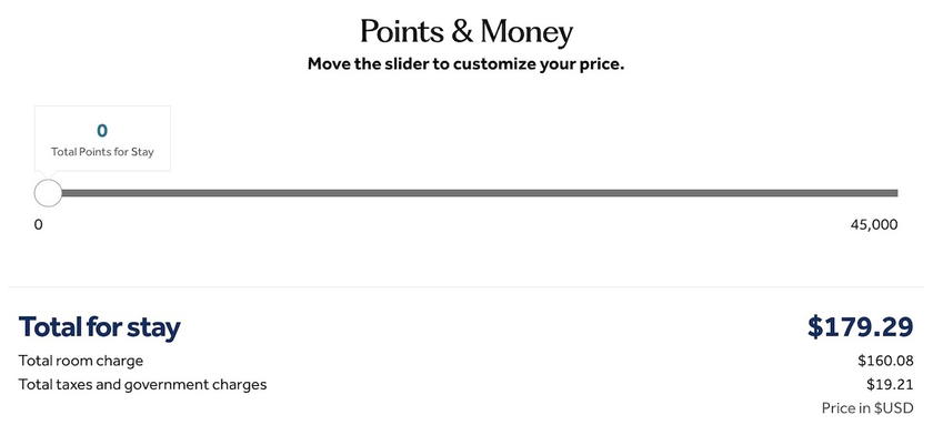Hilton booking screen showing the cash rate per night for a room at the Hilton Garden Inn Tampa