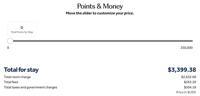 Hilton booking screen showing the cash rate per night for a room at the Waldorf Astoria Maldives