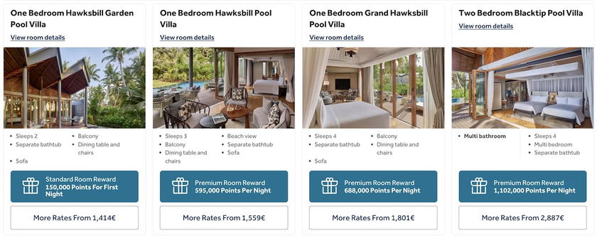 Hilton booking screen showing the points price per night for the Waldorf Astoria Seychelles Platte Island