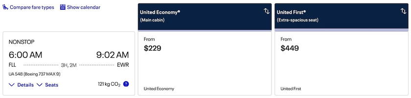 United search results for a domestic route with United Economy and United First fare columns