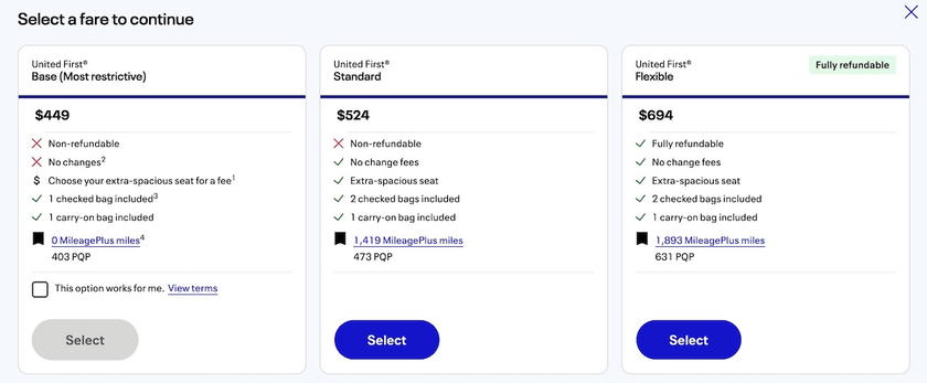 United first class fare options showing Base, Standard, and Flexible fare types side by side