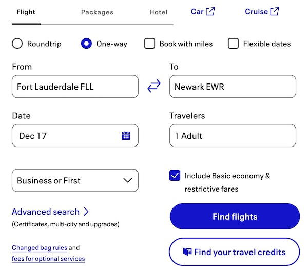 United flight search page with a checkbox to include basic economy and restrictive fares